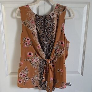 Luxology Mustard Floral sleeveless keyhole tie front Camisole with Snake-Print